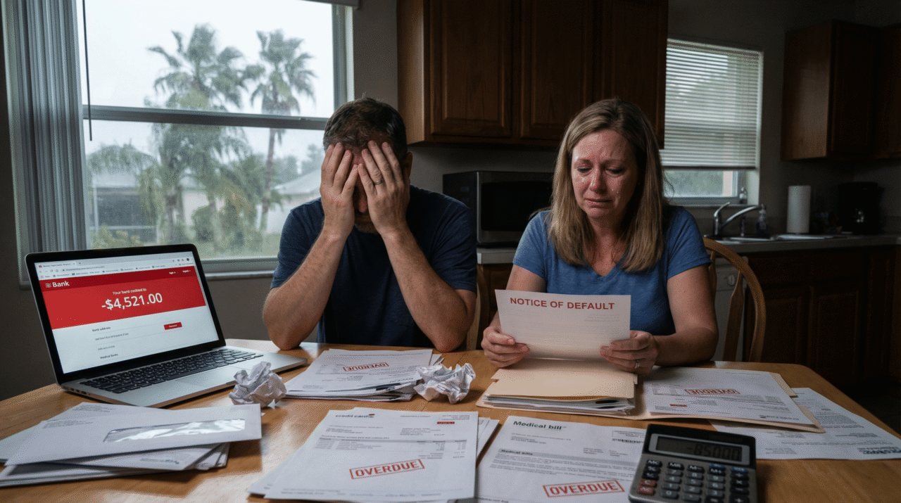 A distressed couple in Florida facing foreclosure due to overwhelming medical bills, looking at a Notice of Default and a negative bank account balance.