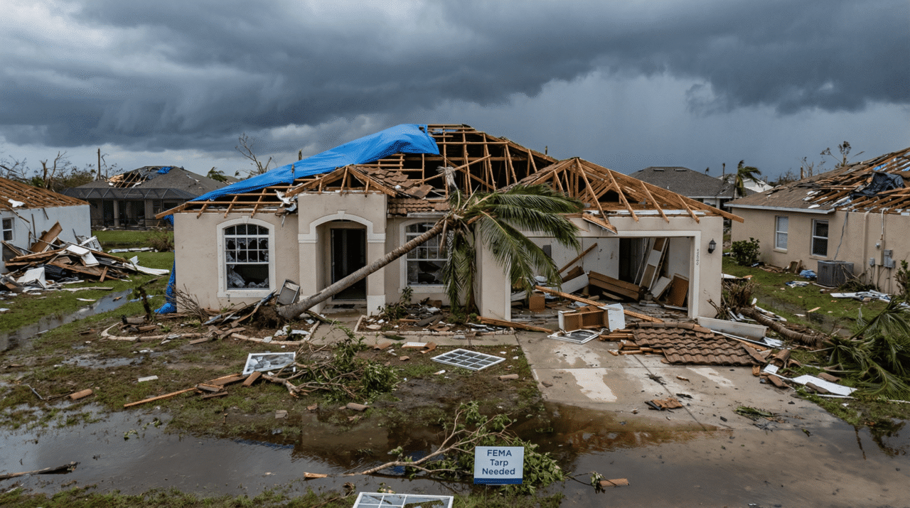 Florida home with hurricane damage, including roof and structural issues, as the owner explores selling the property as-is to a cash home buyer