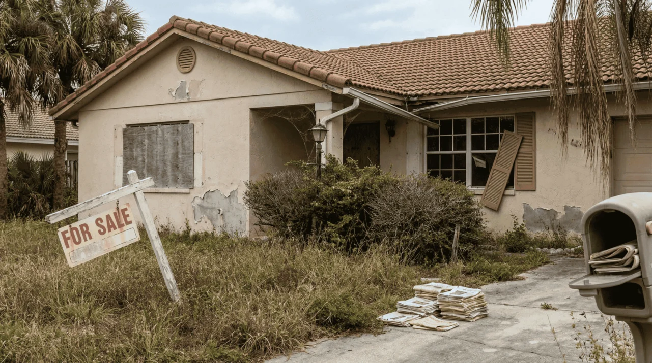 A neglected, abandoned house in Florida with an overgrown yard, boarded-up windows, and a broken "For Sale" sign, representing a distressed property that needs to be sold for cash.